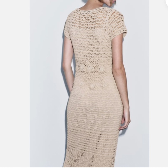 Zara cream sand boho crochet knit short sleeves long dress limited edition NWT - Picture 13 of 14